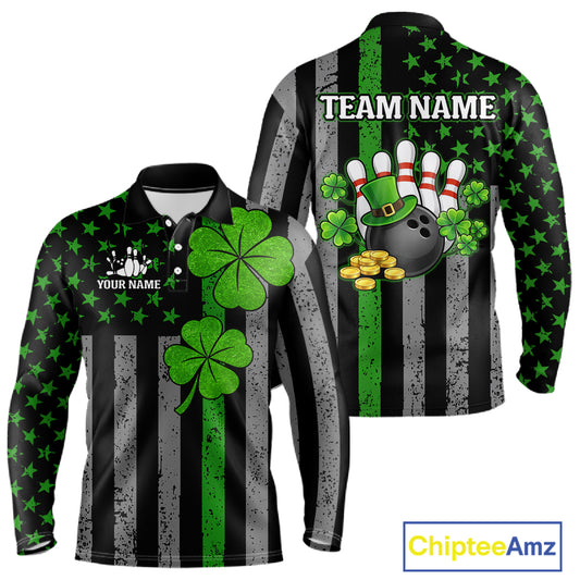 Custom Black Grunge US Flag Patriotic Bowling Shirt For Men Green Shamrock St Patrick Team Jersey NQS11447