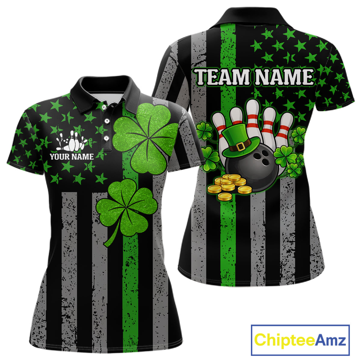 Custom Black Grunge US Flag Patriotic Bowling Shirt For Women Green Shamrock St Patrick Team Jersey NQS11447