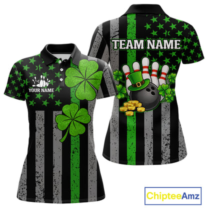 Custom Black Grunge US Flag Patriotic Bowling Shirt For Women Green Shamrock St Patrick Team Jersey NQS11447