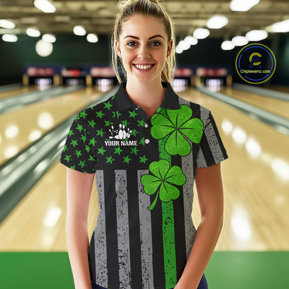 Custom Black Grunge US Flag Patriotic Bowling Shirt For Women Green Shamrock St Patrick Team Jersey NQS11447