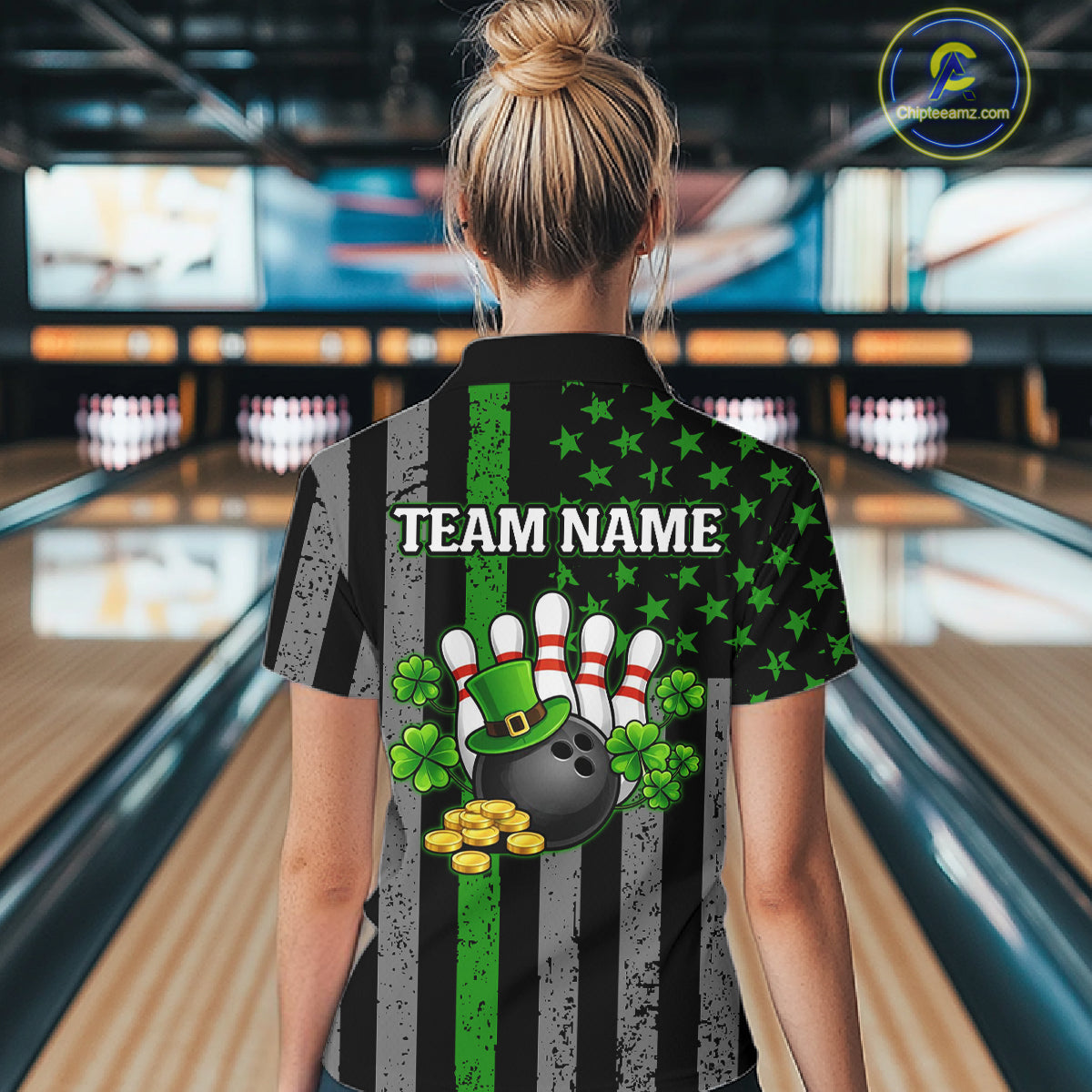Custom Black Grunge US Flag Patriotic Bowling Shirt For Women Green Shamrock St Patrick Team Jersey NQS11447