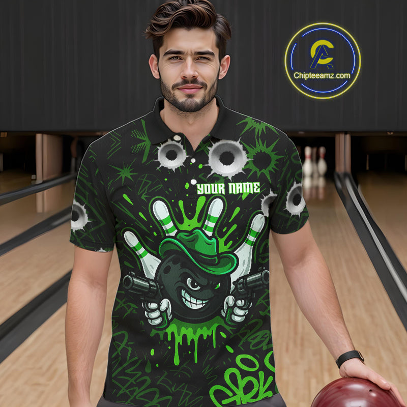 Funny Black and Green Bowling Cowboy gun Men bowling polo, 1/4 zip shirts Custom bowling team jersey NQS10658