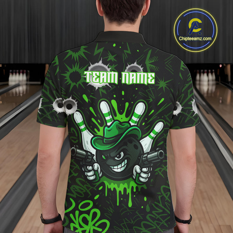 Funny Black and Green Bowling Cowboy gun Men bowling polo, 1/4 zip shirts Custom bowling team jersey NQS10658