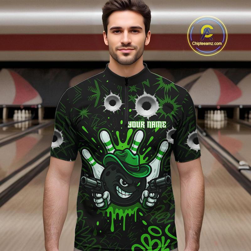 Funny Black and Green Bowling Cowboy gun Men bowling polo, 1/4 zip shirts Custom bowling team jersey NQS10658