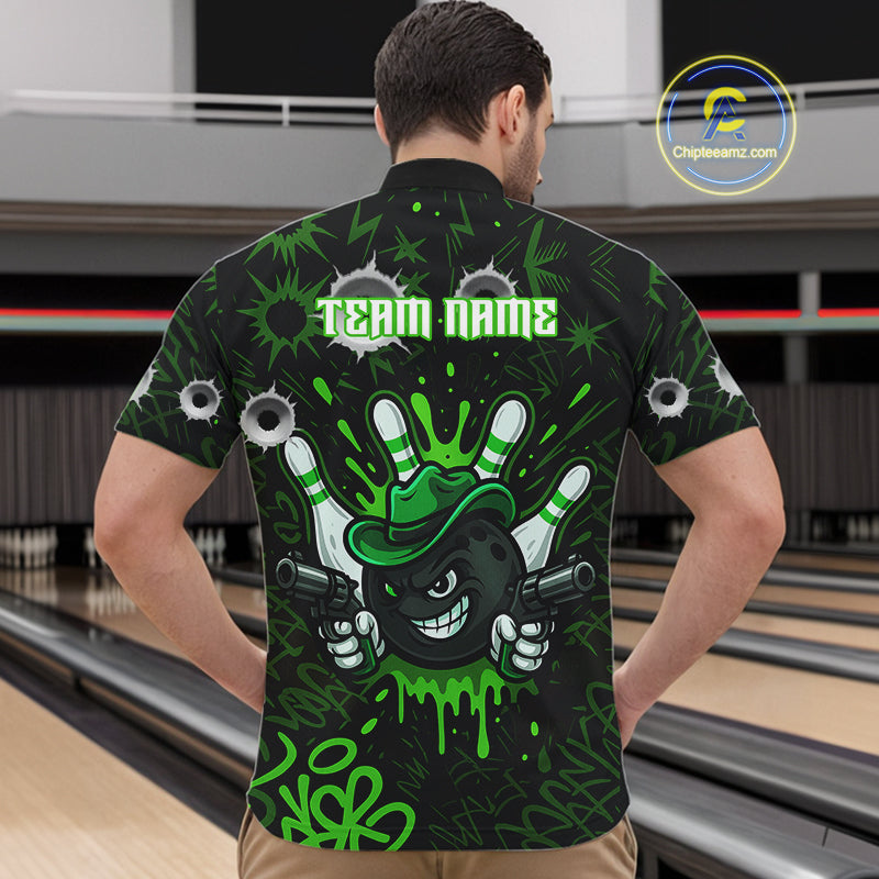 Funny Black and Green Bowling Cowboy gun Men bowling polo, 1/4 zip shirts Custom bowling team jersey NQS10658