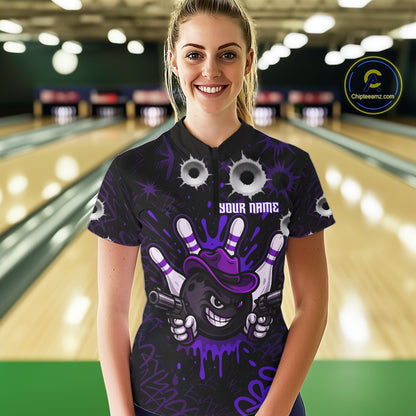 Funny Black & Purple Bowling Cowboy gun Women bowling polo, 1/4 zip shirt Custom bowling team jersey NQS10659