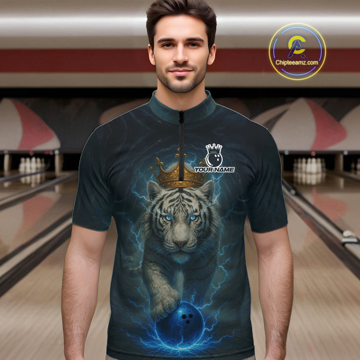 Blue Lightning Thunder Crown White Tiger Bowling Shirts For Men Custom Team Tiger Bowling Jerseys NQS10885