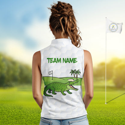 White and Green Funny Alligator Sleeveless Golf Polo Shirt custom ladies golf outfit, golfing gifts NQS10886