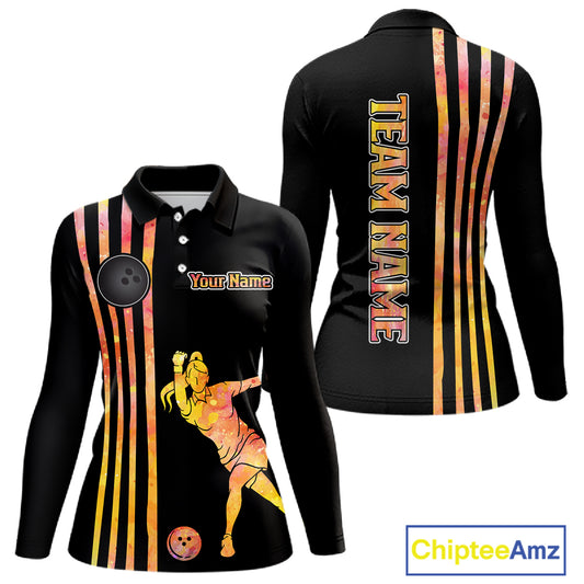 Personalized Watercolor Stripes Retro Bowling Team Shirts For Women, Black Bowling Attire For Ladies NQS11652