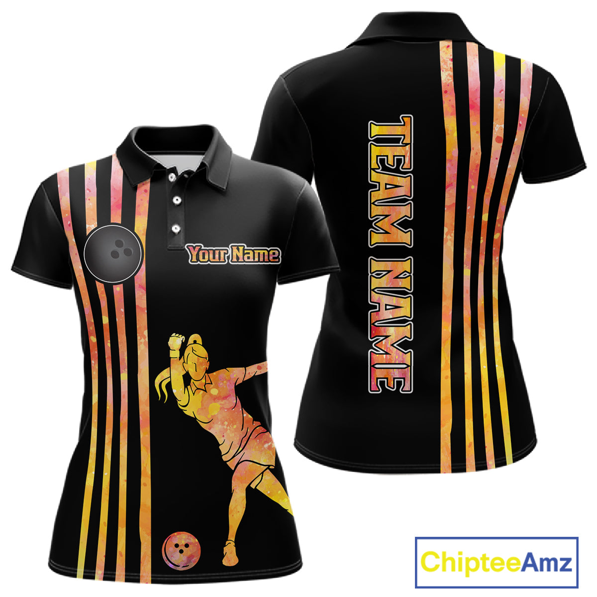 Personalized Watercolor Stripes Retro Bowling Team Shirts For Women, Black Bowling Attire For Ladies NQS11652