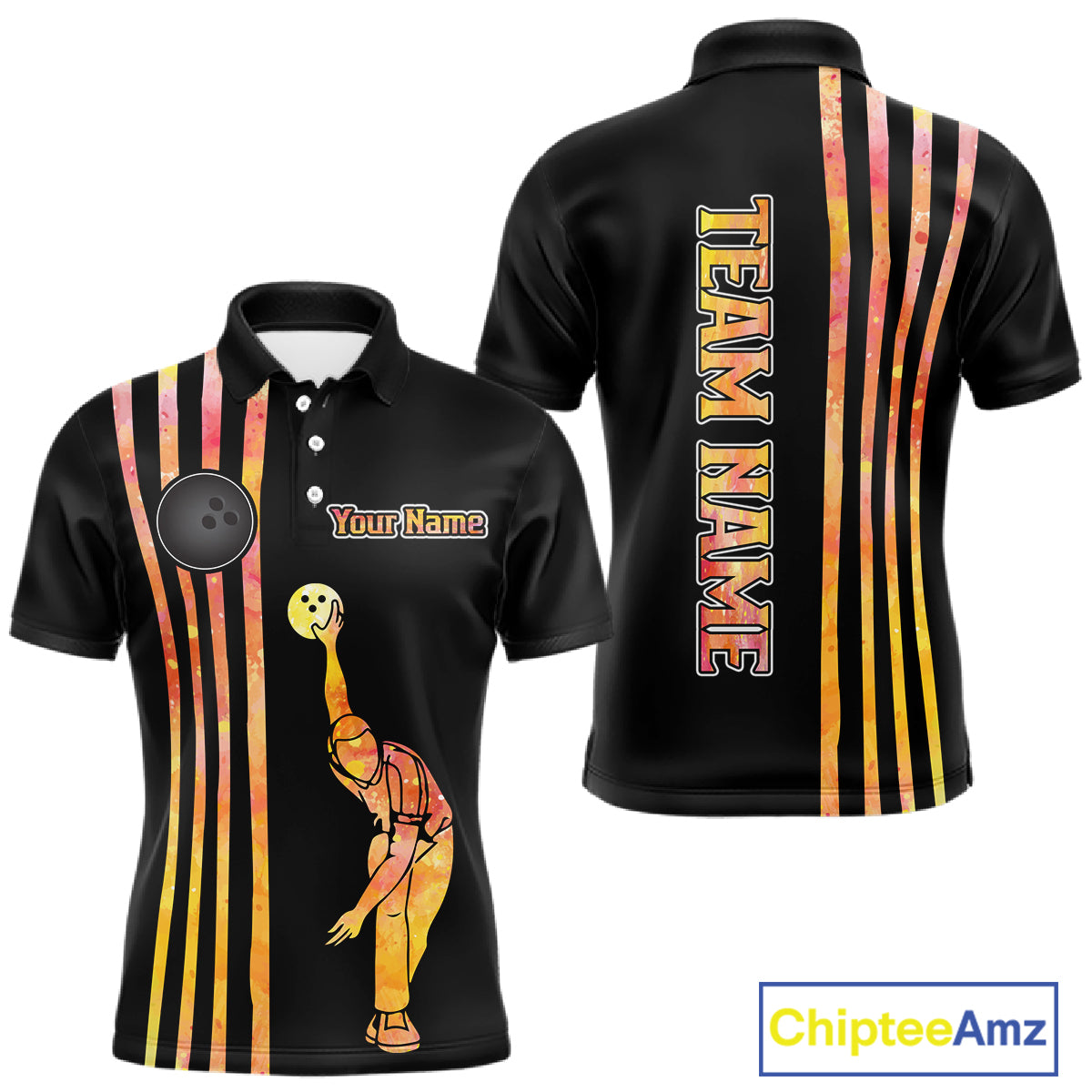 Personalized Watercolor Stripes Retro Bowling Team Shirts For Men, Black Bowling Attire For Men NQS11652