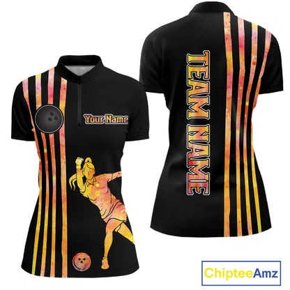 Personalized Watercolor Stripes Retro Bowling Team Shirts For Women, Black Bowling Attire For Ladies NQS11652