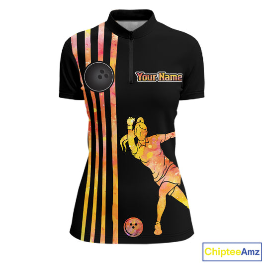 Personalized Watercolor Stripes Retro Bowling Team Shirts For Women, Black Bowling Attire For Ladies NQS11652