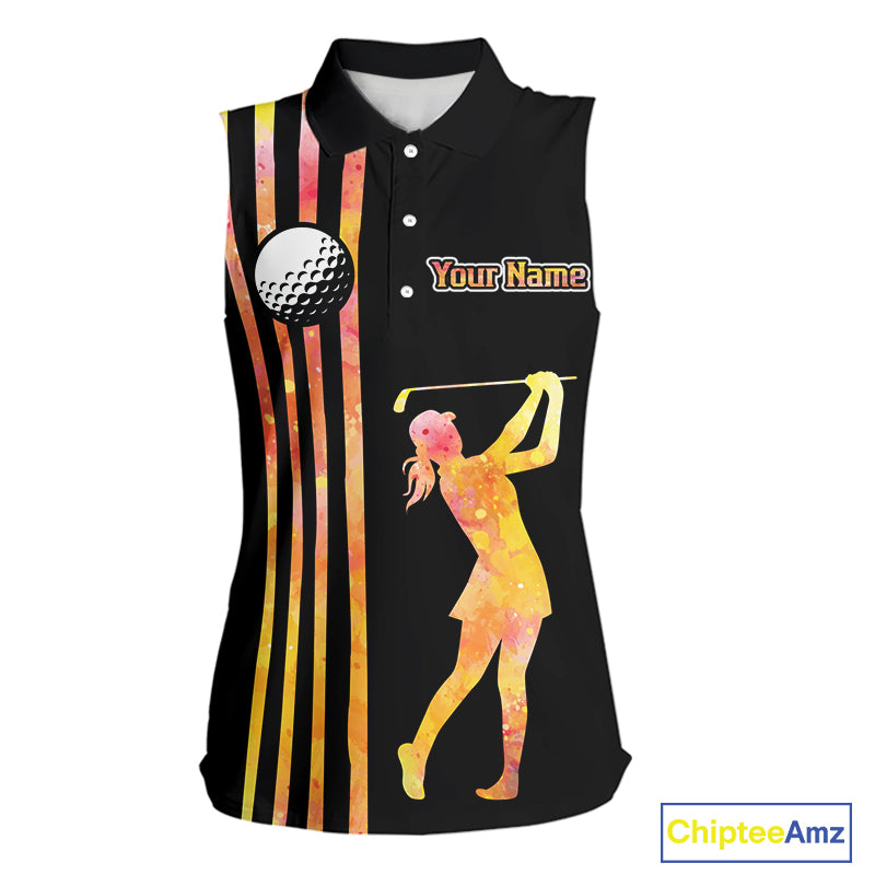Personalized Watercolor Stripes Sleeveless Golf Polo Shirts For Women, Black Team Ladies Golf Attire NQS11651