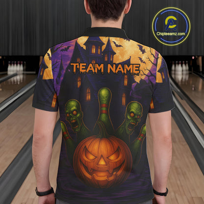 Funny Pumpkin Halloween Bowling Polo, Quarter Zip Shirts For Men Custom Bowling Team Jersey NQS10668