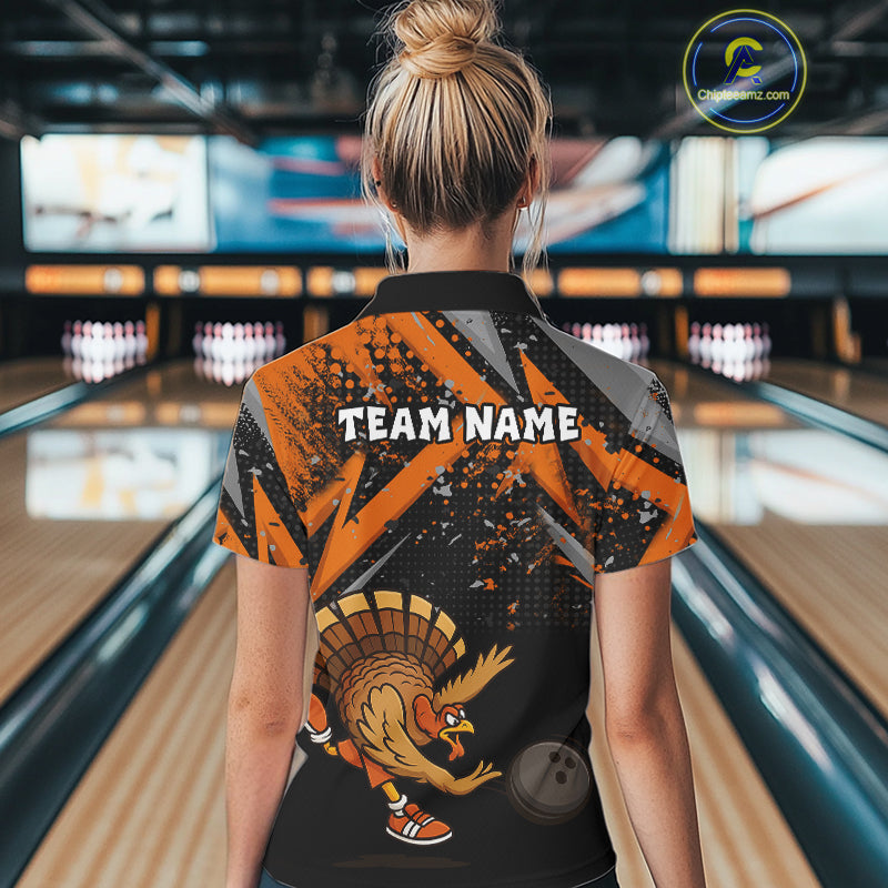 Custom Funny Turkey Bowling Jersey Black & Orange Thanksgiving Bowling Team Women Polo, 1/4 Zip Shirt NQS10671