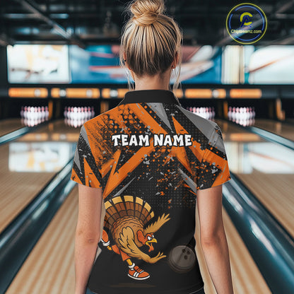Custom Funny Turkey Bowling Jersey Black & Orange Thanksgiving Bowling Team Women Polo, 1/4 Zip Shirt NQS10671