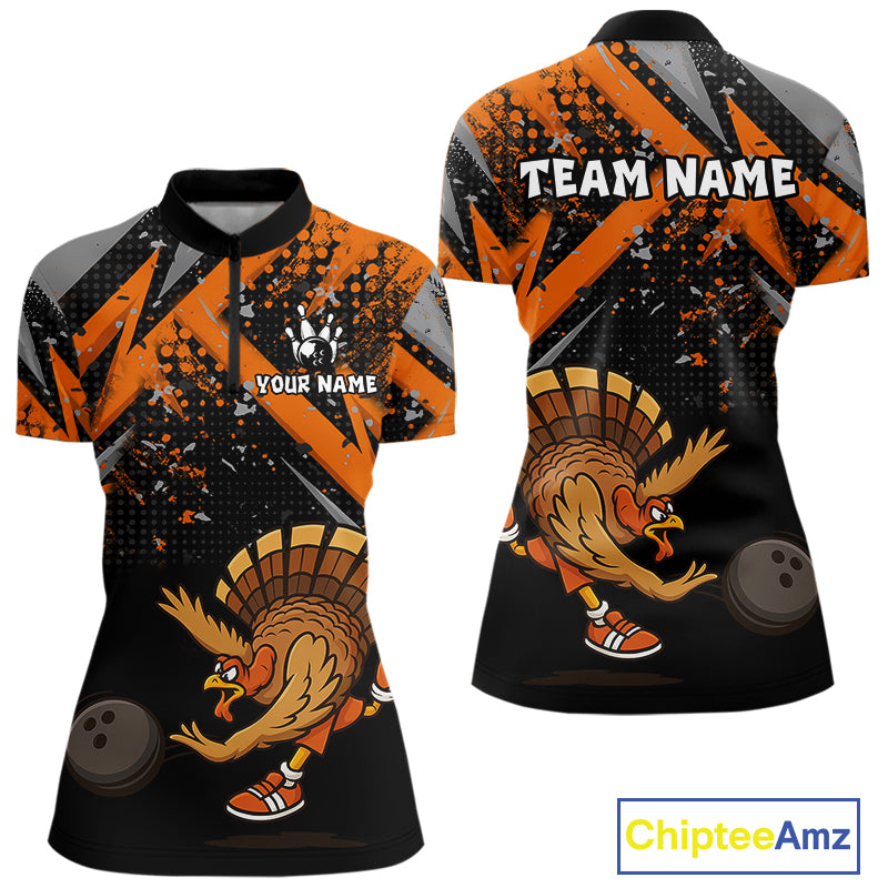 Custom Funny Turkey Bowling Jersey Black & Orange Thanksgiving Bowling Team Women Polo, 1/4 Zip Shirt NQS10671