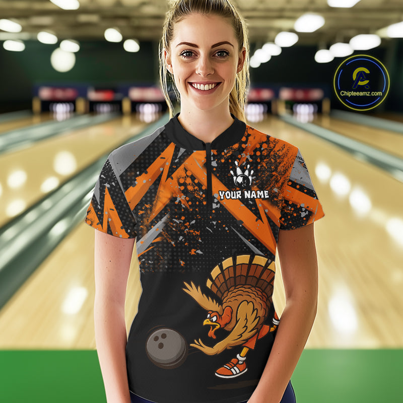 Custom Funny Turkey Bowling Jersey Black & Orange Thanksgiving Bowling Team Women Polo, 1/4 Zip Shirt NQS10671