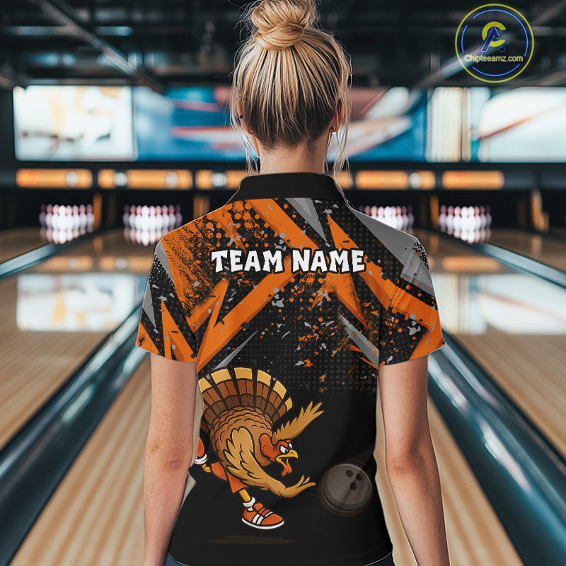 Custom Funny Turkey Bowling Jersey Black & Orange Thanksgiving Bowling Team Women Polo, 1/4 Zip Shirt NQS10671