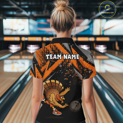 Custom Funny Turkey Bowling Jersey Black & Orange Thanksgiving Bowling Team Women Polo, 1/4 Zip Shirt NQS10671