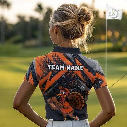 Custom Funny Turkey Ladies Golf tops Black & Orange camo Thanksgiving Golf polo shirt for Women NQS10672