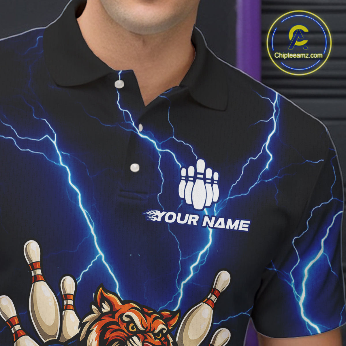 Personalized Tiger Bowling Team Shirts For Men, Blue Lightning Thunder Tiger Bowling Jerseys NQS11062