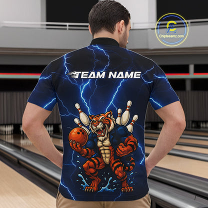 Personalized Tiger Bowling Team Shirts For Men, Blue Lightning Thunder Tiger Bowling Jerseys NQS11062