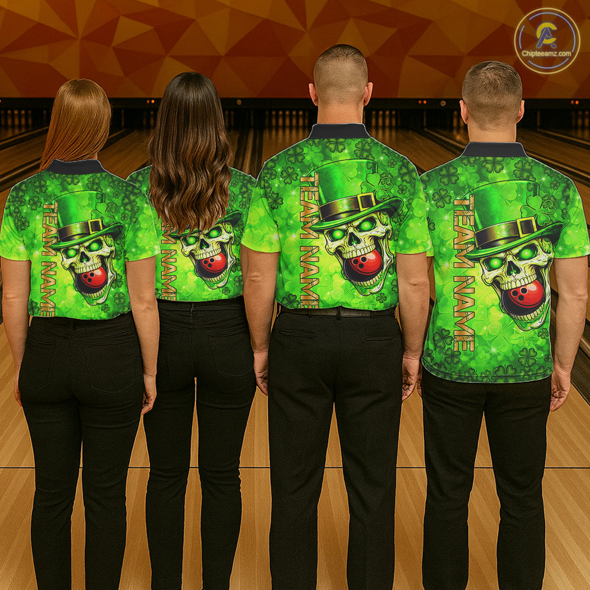 Funny Skull green shamrock pattern Bowling Shirt For Men Custom St Patrick's Day team bowling jerseys NQS11663