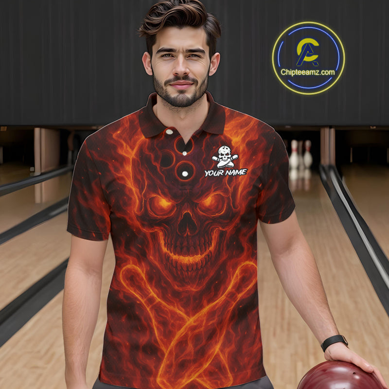 Custom Flame Skull Bowling Polo, Quarter Zip Shirt For Men, Skull Team Bowling League Jerseys NQS10676