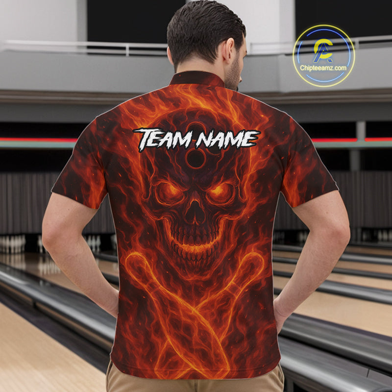 Custom Flame Skull Bowling Polo, Quarter Zip Shirt For Men, Skull Team Bowling League Jerseys NQS10676