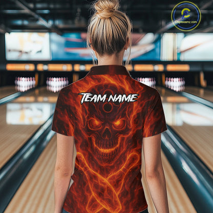 Custom Flame Skull Bowling Polo, Quarter Zip Shirt For Women, Skull Team Bowling League Jerseys NQS10676