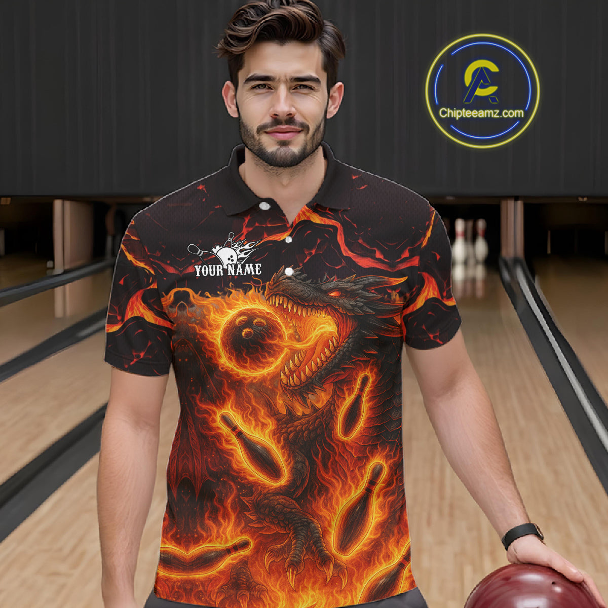 Black And Orange Flame Custom Dragon Bowling Shirts For Men, Dragon Team Bowling League Shirts NQS11071