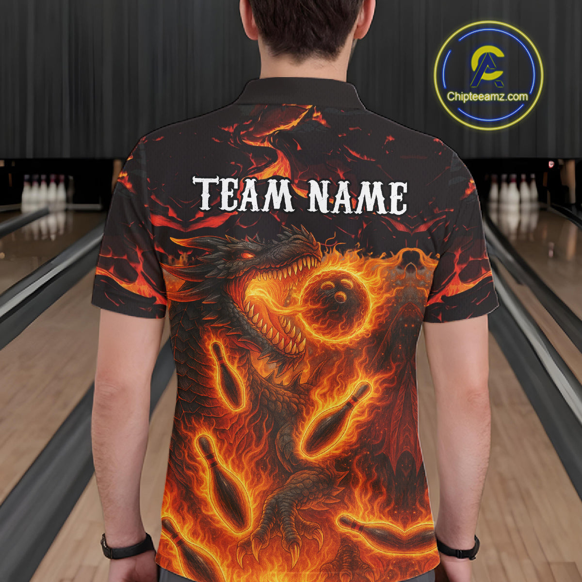 Black And Orange Flame Custom Dragon Bowling Shirts For Men, Dragon Team Bowling League Shirts NQS11071