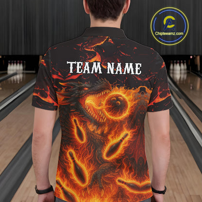 Black And Orange Flame Custom Dragon Bowling Shirts For Men, Dragon Team Bowling League Shirts NQS11071