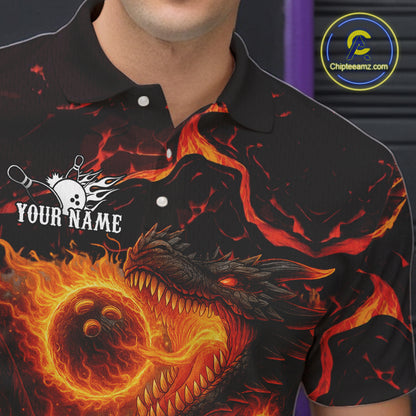Black And Orange Flame Custom Dragon Bowling Shirts For Men, Dragon Team Bowling League Shirts NQS11071