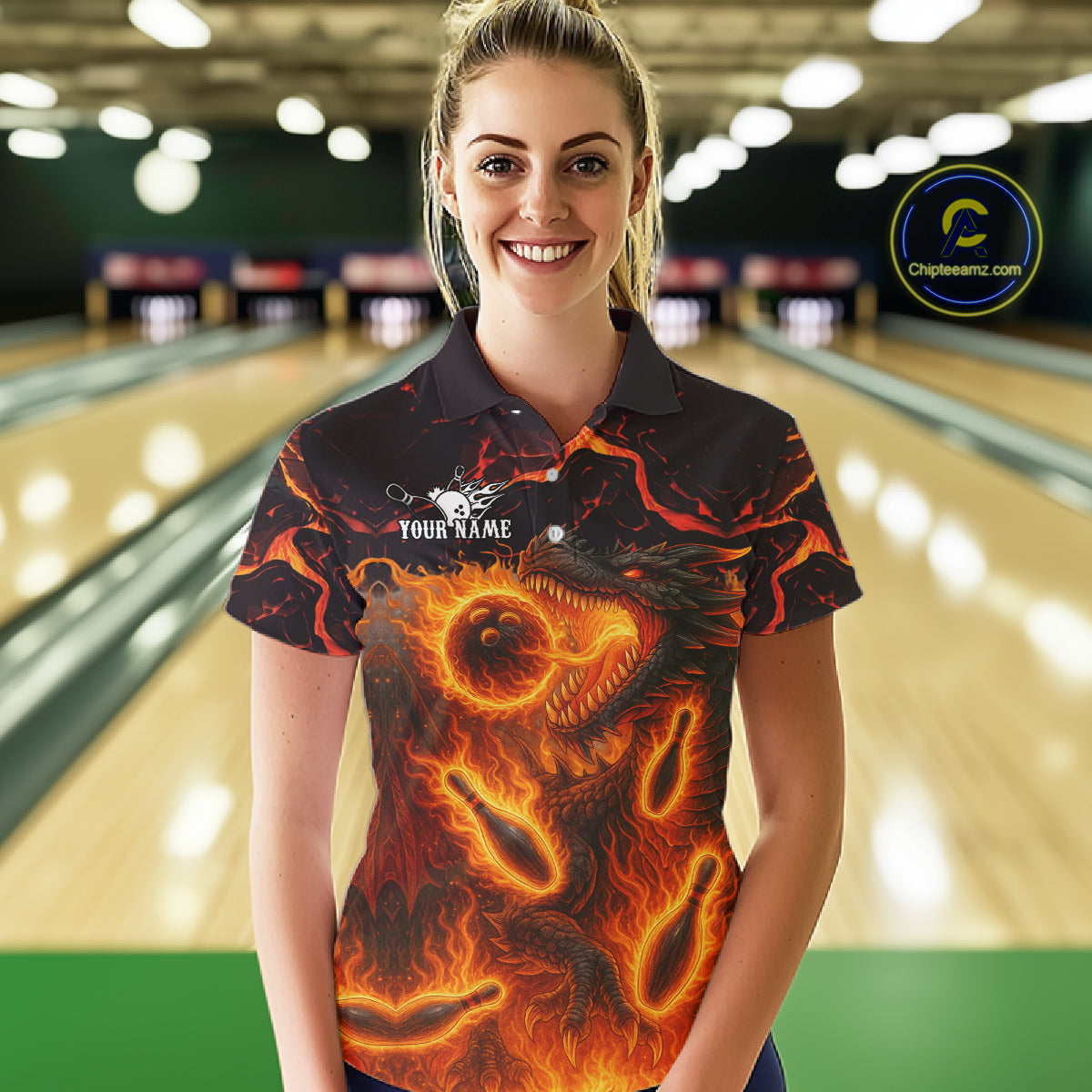 Black And Orange Flame Custom Dragon Bowling Shirts For Women, Dragon Team Bowling League Shirts NQS11071