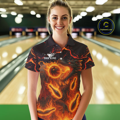 Black And Orange Flame Custom Dragon Bowling Shirts For Women, Dragon Team Bowling League Shirts NQS11071