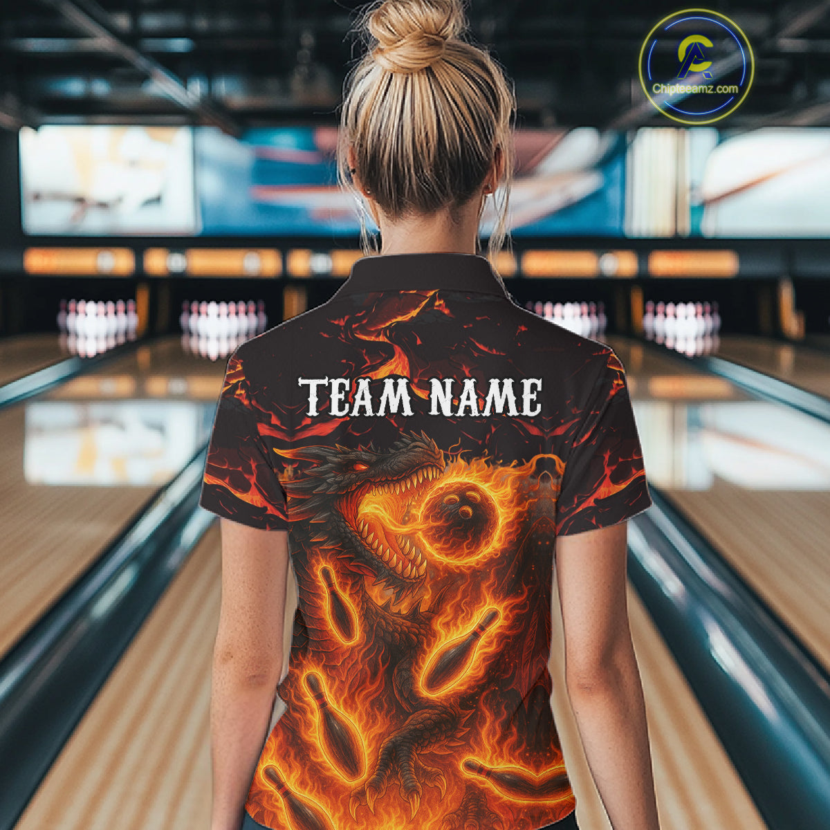 Black And Orange Flame Custom Dragon Bowling Shirts For Women, Dragon Team Bowling League Shirts NQS11071