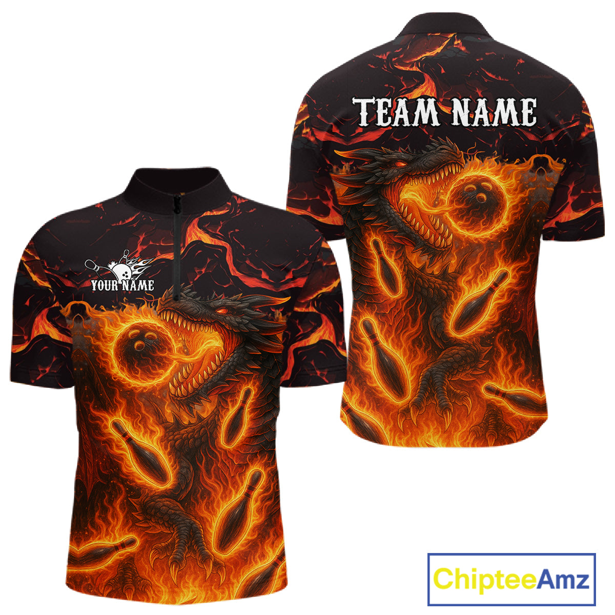 Black And Orange Flame Custom Dragon Bowling Shirts For Men, Dragon Team Bowling League Shirts NQS11071
