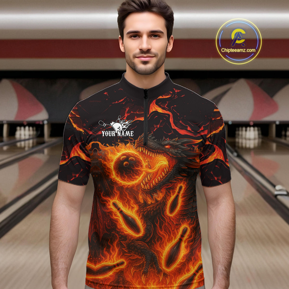 Black And Orange Flame Custom Dragon Bowling Shirts For Men, Dragon Team Bowling League Shirts NQS11071