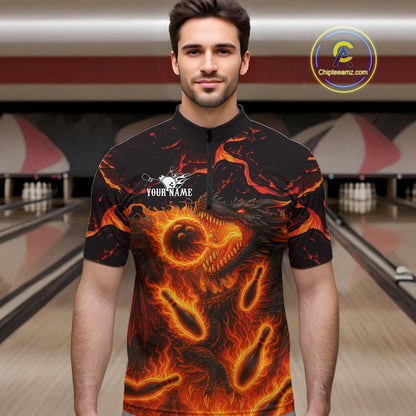 Black And Orange Flame Custom Dragon Bowling Shirts For Men, Dragon Team Bowling League Shirts NQS11071