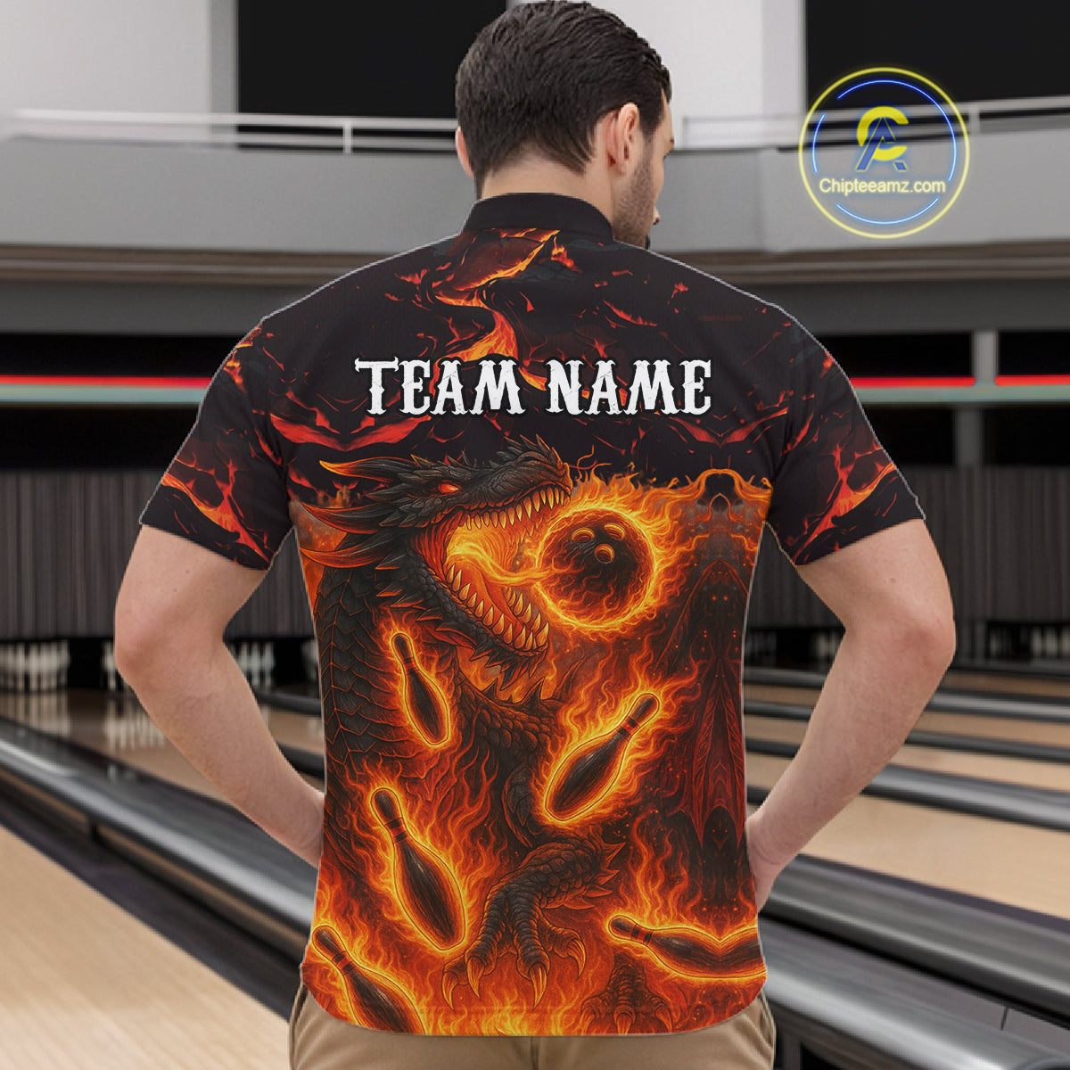 Black And Orange Flame Custom Dragon Bowling Shirts For Men, Dragon Team Bowling League Shirts NQS11071