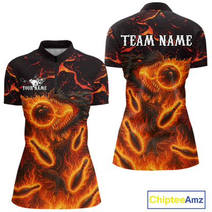 Black And Orange Flame Custom Dragon Bowling Shirts For Women, Dragon Team Bowling League Shirts NQS11071