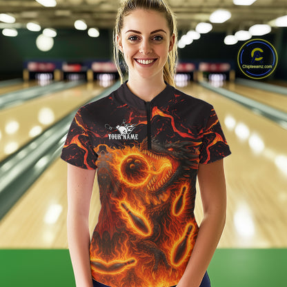 Black And Orange Flame Custom Dragon Bowling Shirts For Women, Dragon Team Bowling League Shirts NQS11071