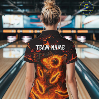 Black And Orange Flame Custom Dragon Bowling Shirts For Women, Dragon Team Bowling League Shirts NQS11071