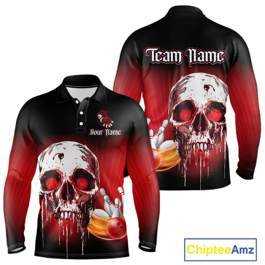 Black and Red Skull Bowling Polo, 1/4 zip shirts for Men Custom team bowling jerseys, Gift for bowler NQS11480
