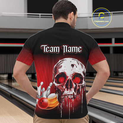 Black and Red Skull Bowling Polo, 1/4 zip shirts for Men Custom team bowling jerseys, Gift for bowler NQS11480