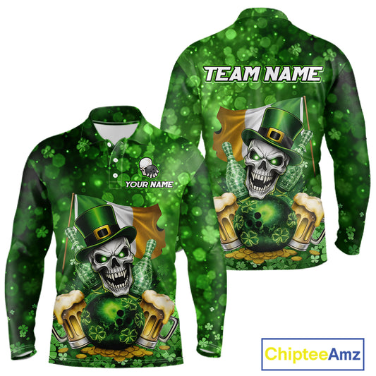 Custom Funny Skull Bowling and Beer Ireland Flag Green St Patrick Team Bowling Jerseys For Men NQS11484