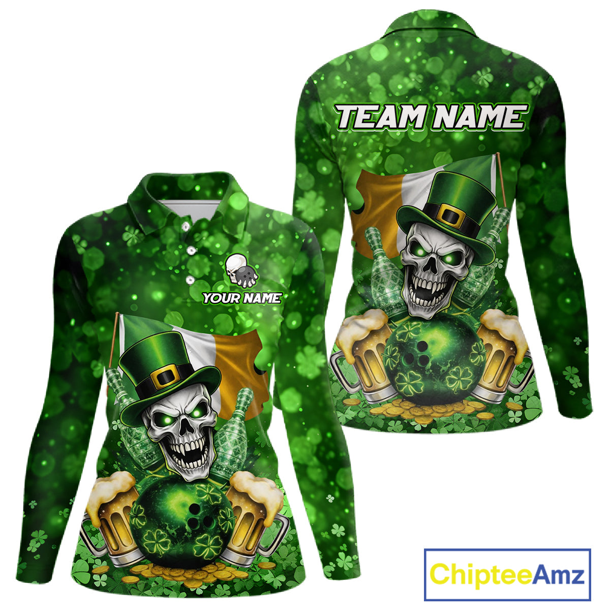 Custom Funny Skull Bowling and Beer Ireland Flag Green St Patrick Team Bowling Jerseys For Women NQS11484